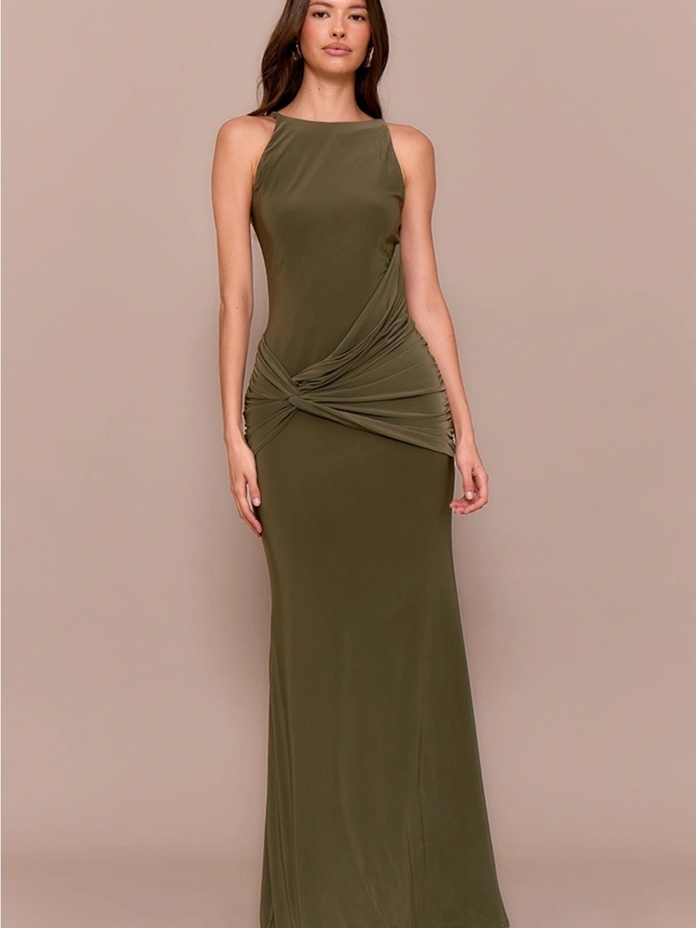 PrettyLittleThing Olive Green Knot-Detail Halter Maxi Dress